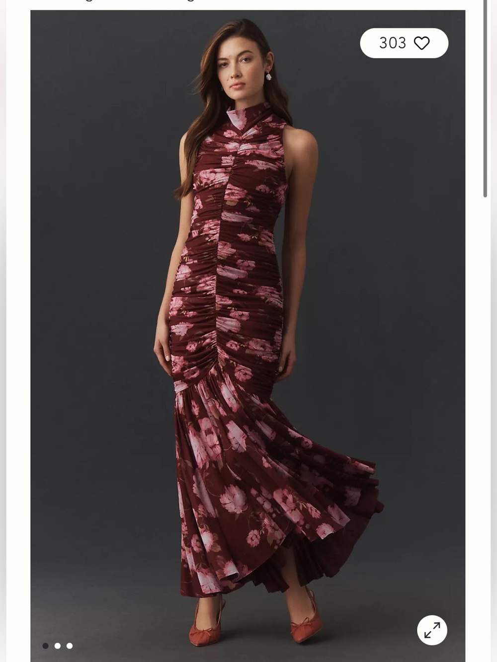 Anthropologie Burgundy and Pink Floral High-Neck Ruched Maxi Dress